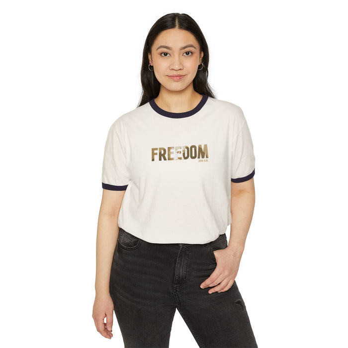 Freedom Ringer T-Shirt — Vintage Military Camo Text Tee