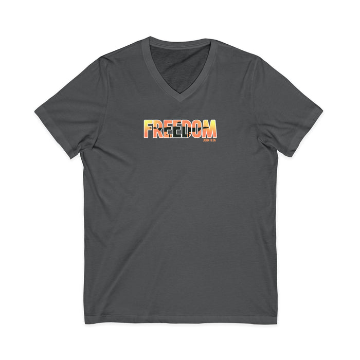 Freedom V-Neck Tee – Sunrise Gradient "FREEDOM" Graphic Shirt