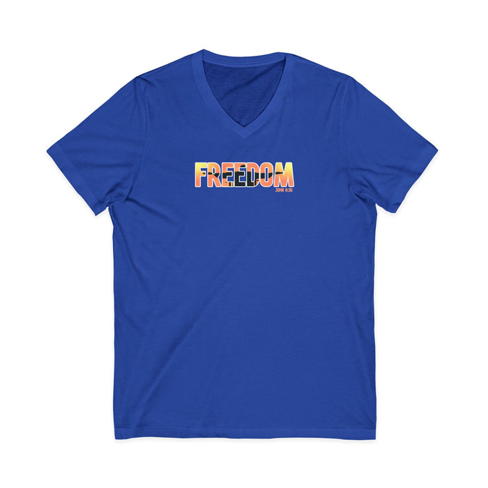 Freedom V-Neck Tee – Sunrise Gradient "FREEDOM" Graphic Shirt