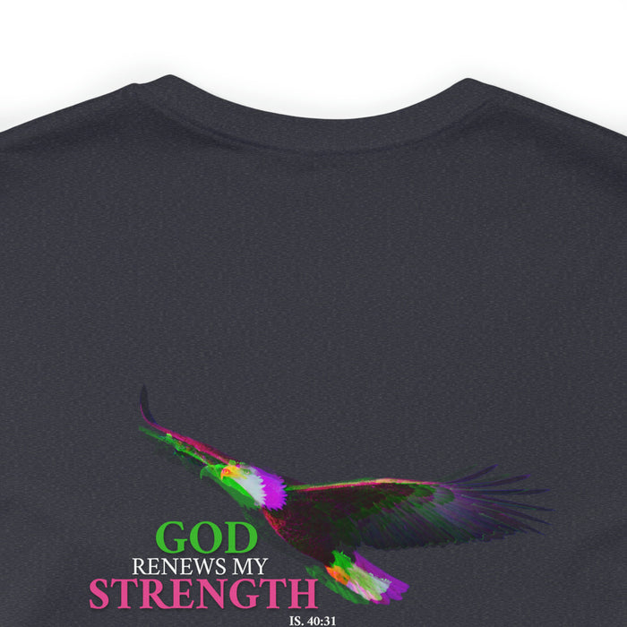 God Renews My Strength Men’s Unisex Jersey Short Sleeve Tee (Back Design).