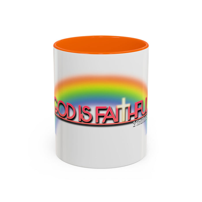 God Is Faithful Rainbow Accent Coffee Mug — Christian Scripture 2 Timothy 2:13
