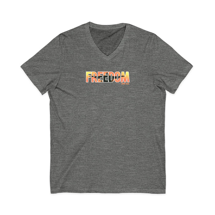 Freedom V-Neck Tee – Sunrise Gradient "FREEDOM" Graphic Shirt