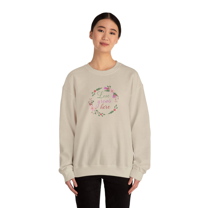 Crewneck Sweatshirt — "Love Grows Here" Floral Wreath Cozy Pullover