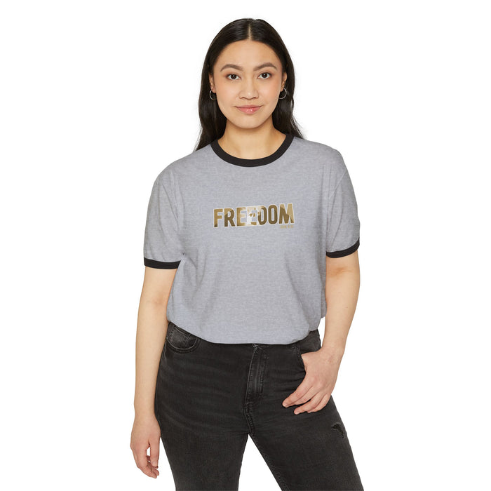 Freedom Ringer T-Shirt — Vintage Military Camo Text Tee