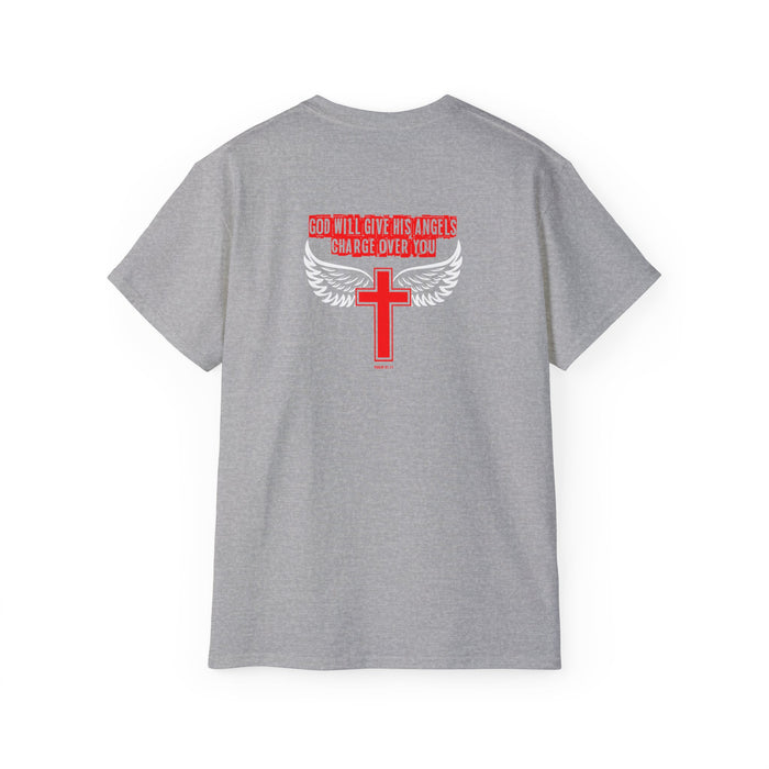 God Will Give His Angels Charge Over You Men’s Unisex Ultra Cotton Tee (Back Design)