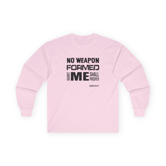 “No Weapon Formed Against Me Shall Prosper” Long Sleeve Tee Inspirational Christian Shirt