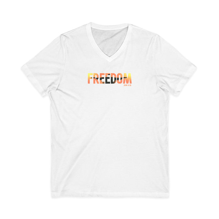Freedom V-Neck Tee – Sunrise Gradient "FREEDOM" Graphic Shirt