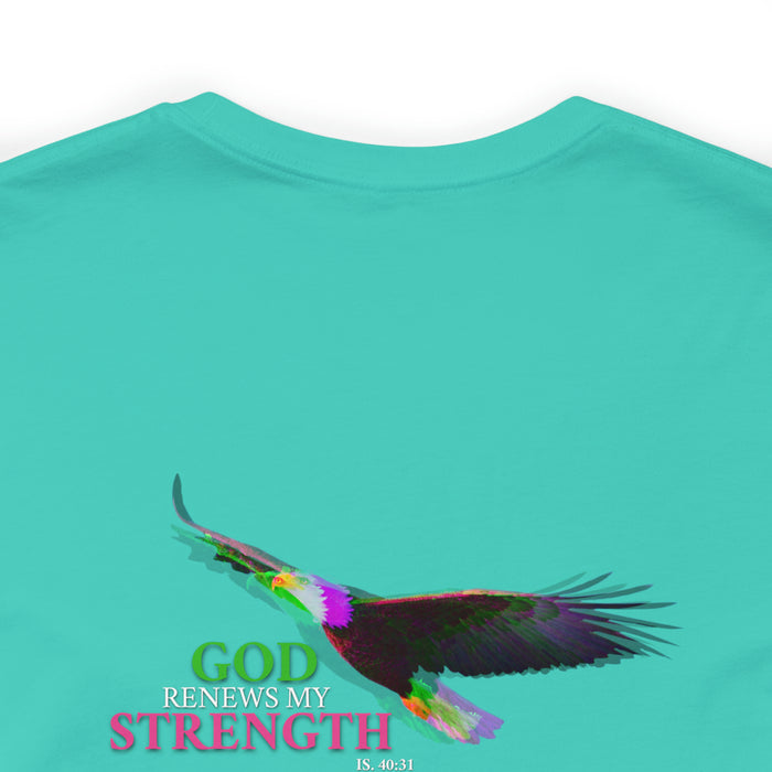 God Renews My Strength Men’s Unisex Jersey Short Sleeve Tee (Back Design).