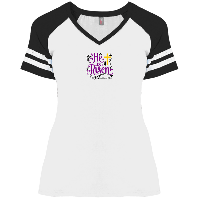 He is Risen Ladies Game V Neck Tee Shirt