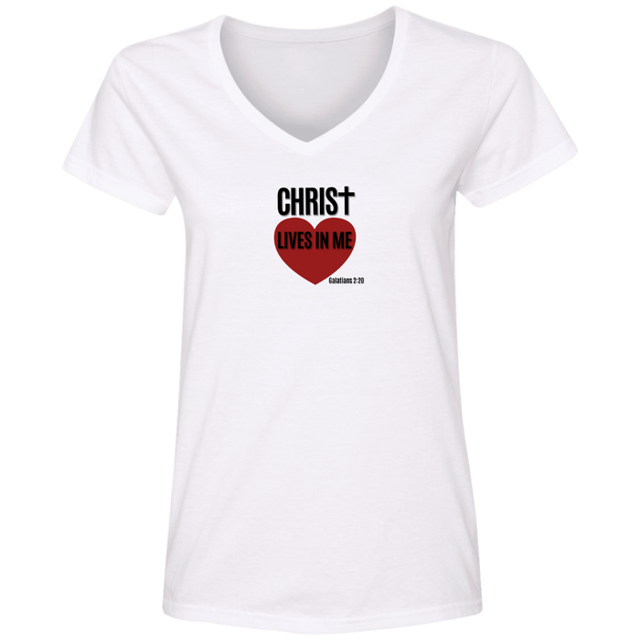 Christ Lives In Me Ladies V Neck Tee Shirt