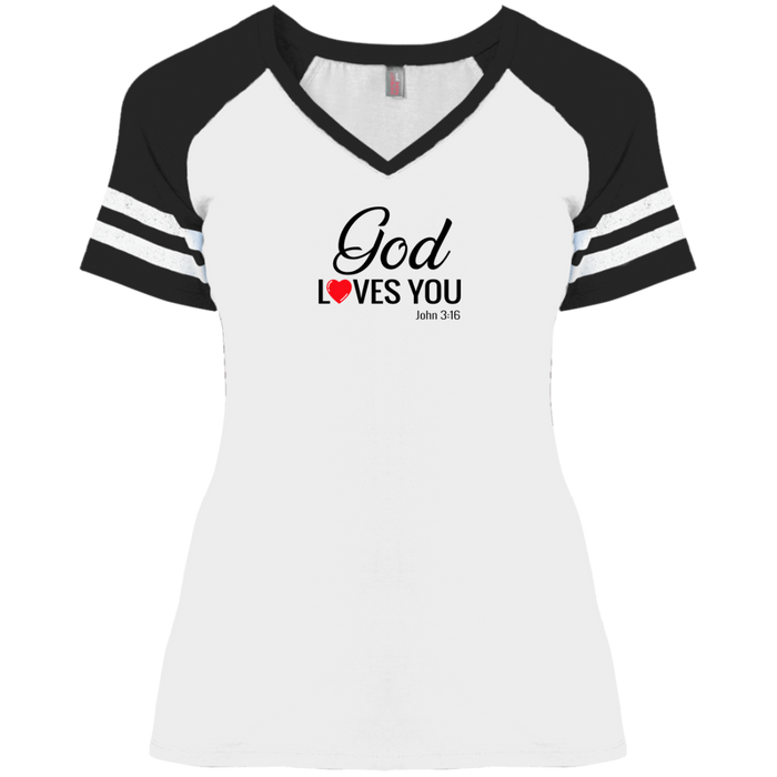 God Loves You Ladies Game V Neck Tee Shirt