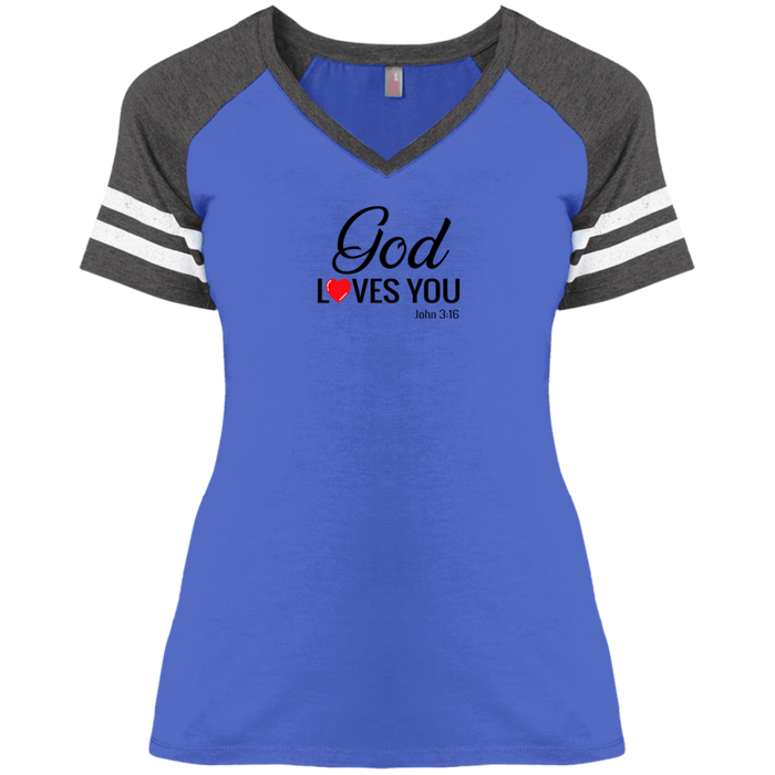 God Loves You Ladies Game V Neck Tee Shirt