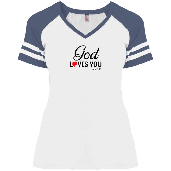 God Loves You Ladies Game V Neck Tee Shirt