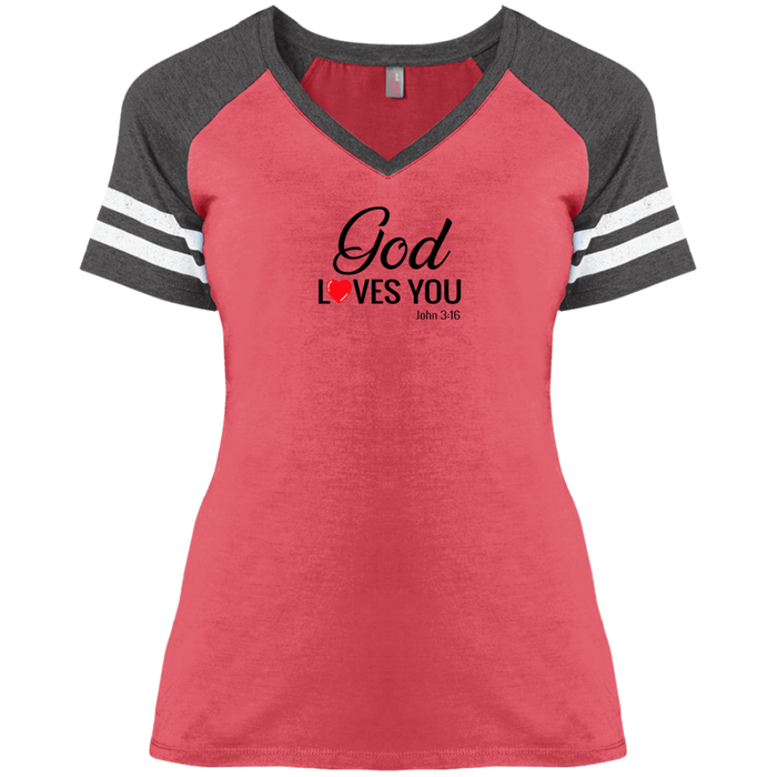 God Loves You Ladies Game V Neck Tee Shirt